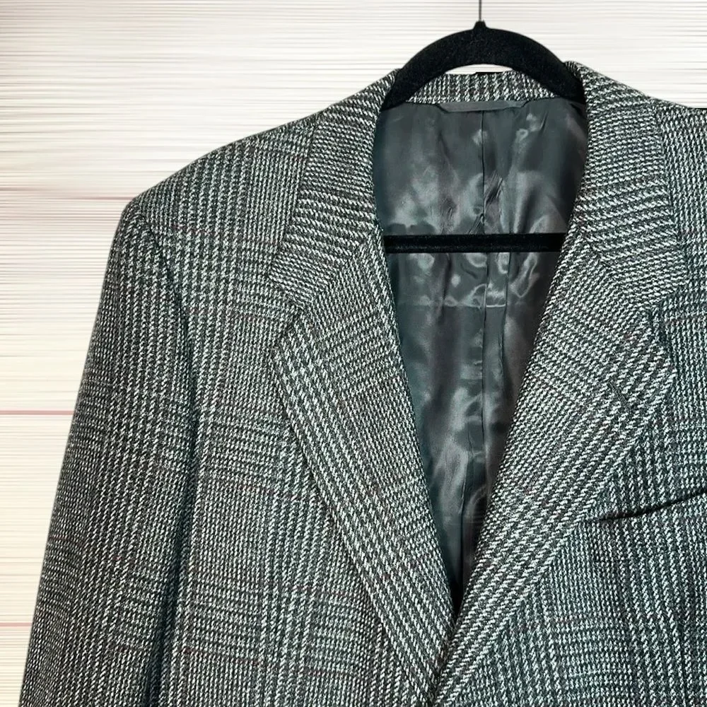 Vintage Hickey Freeman Wool Sport Coat Gray Houndstooth Glen Check size 48 L